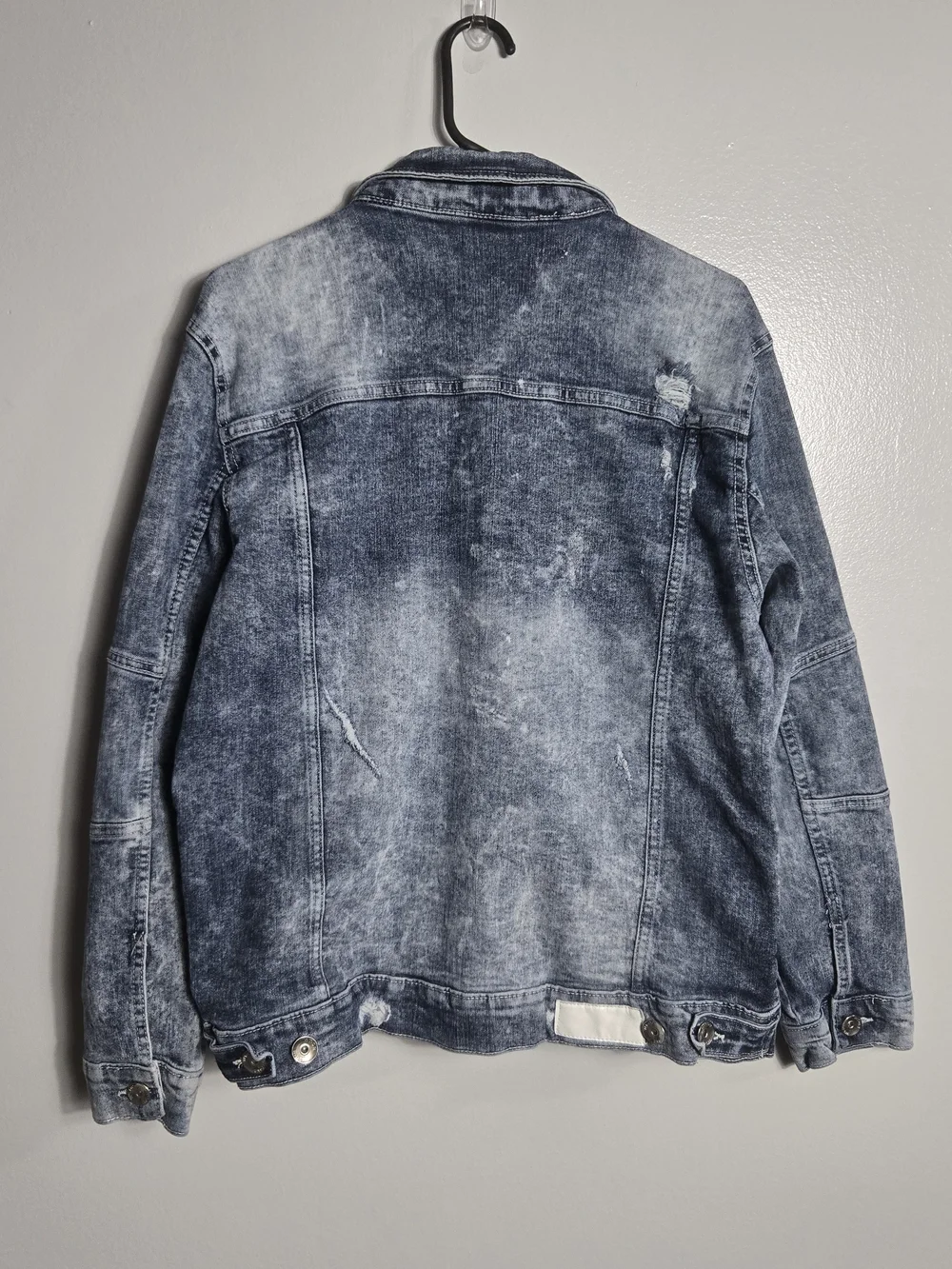 WT02 Mens Medium Acid Wash Distressed Moto Denim Trucker Jacket Ribbed Biker Top